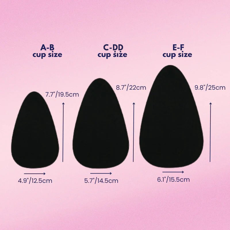 Size guide: A-B cup 19.5cm by 12.5cm, C-DD cup 22cm by 14.5cm, E-F cup 25cm by 15.5cm