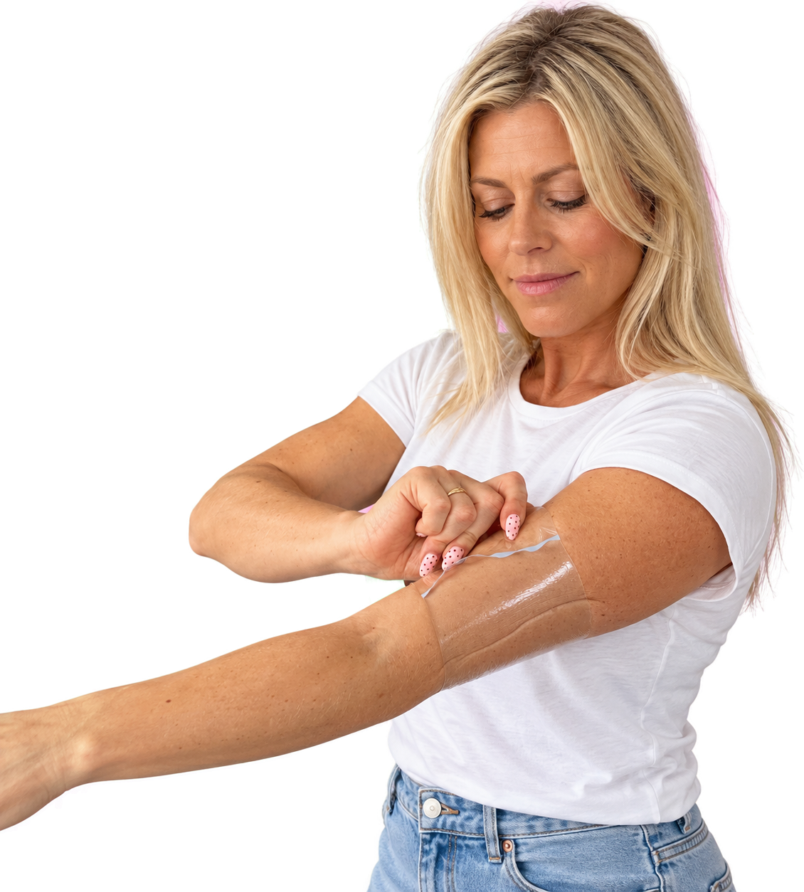 Woman smoothing Tonee Arm Tape onto her upper arm