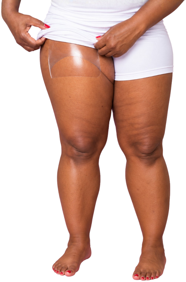 A woman wearing Tonee Legs & Booty tape on the front of her thigh