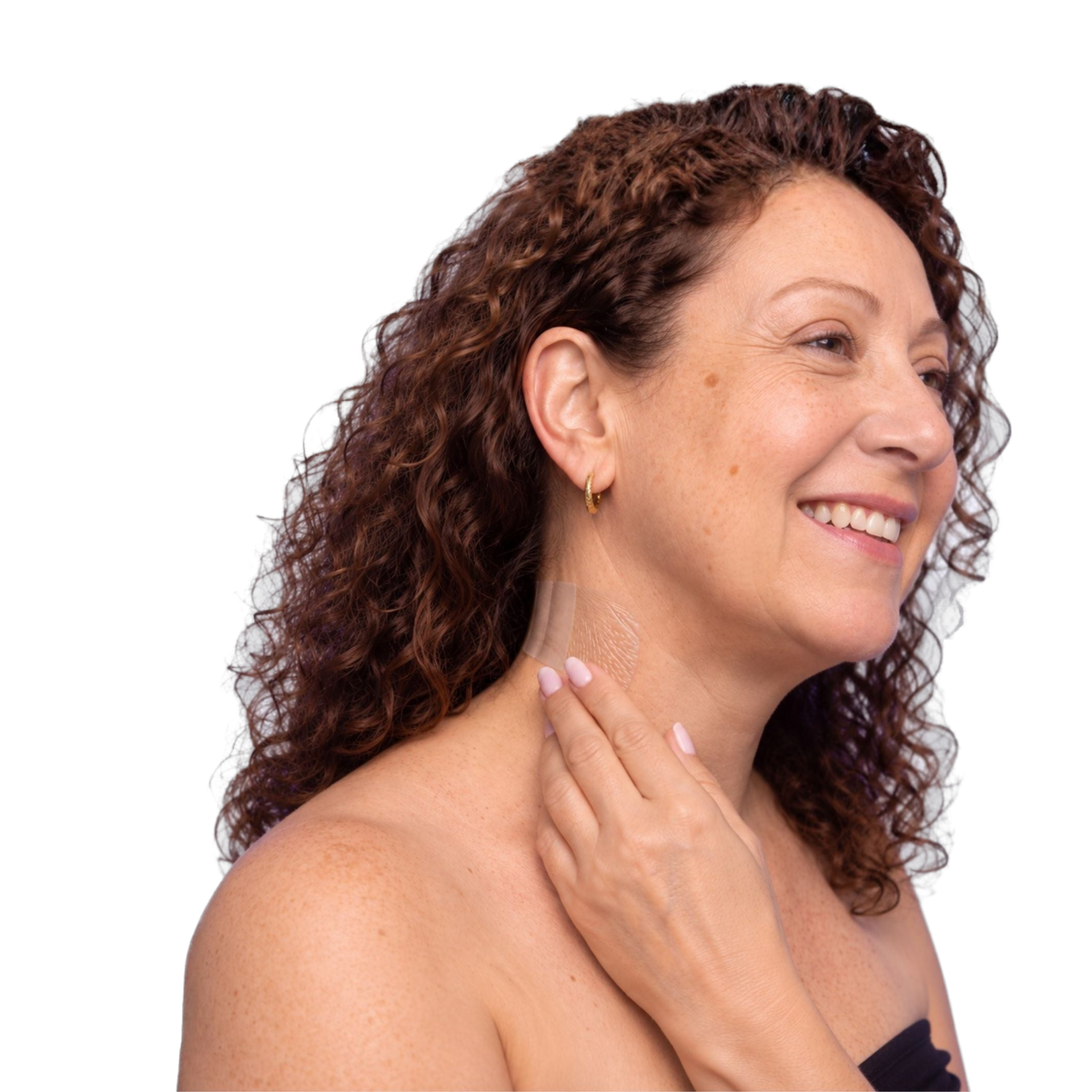 Woman smiling with Tonee neck tape applied below her jawline